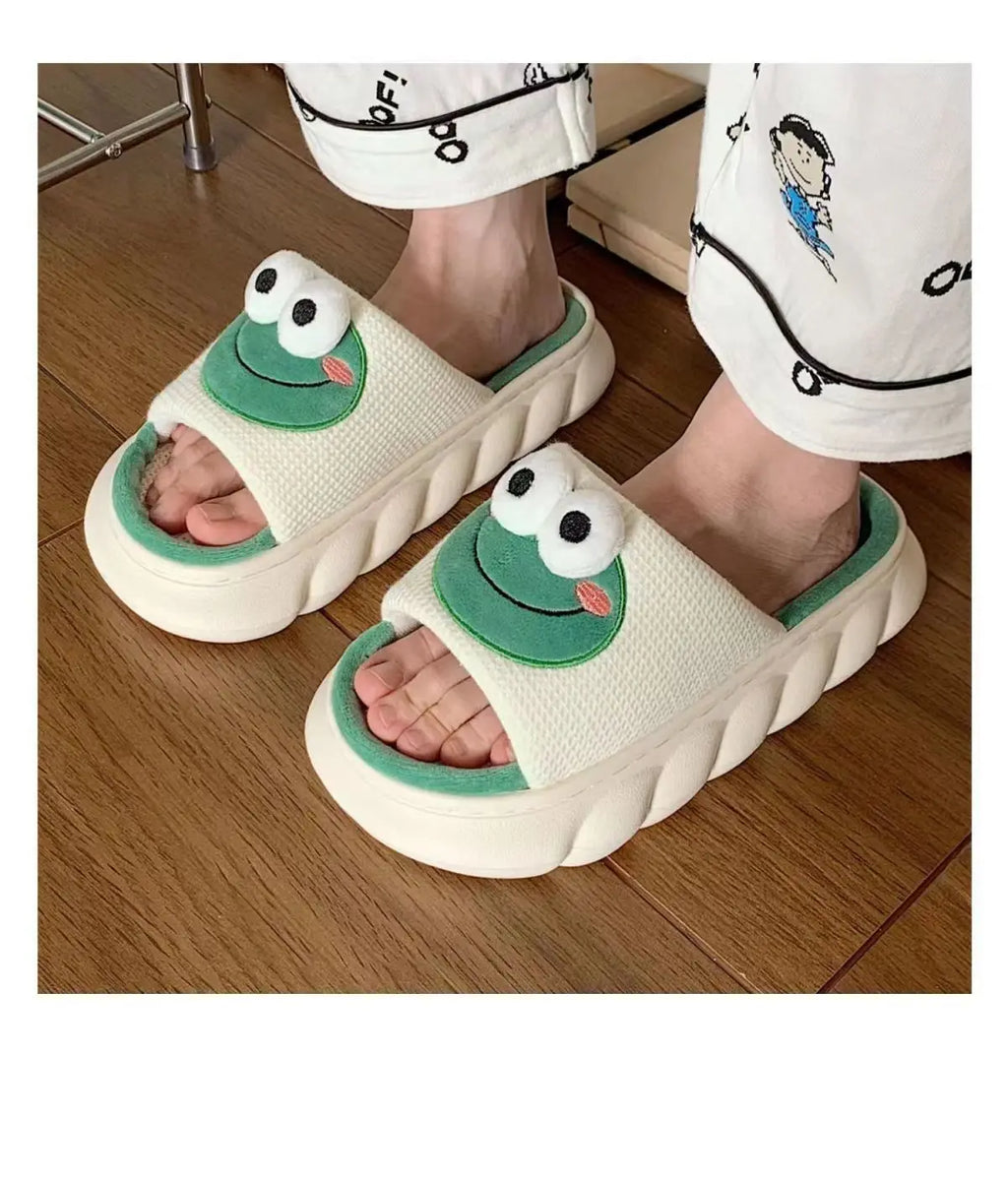 Women's Slippers Comfortable Soft Thick Sole Four Seasons Indoor Cartoon Frog Linen Slippers Anti Slip Couples's Home Slippers