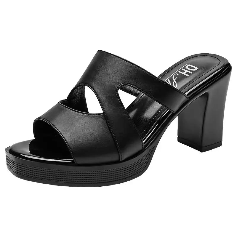 Woman Slippers Sexy Shoes for Women Job Leather Sandals Heeled Slides Black Summer 2025 on Sale Offer Comfortable and Elegan 39
