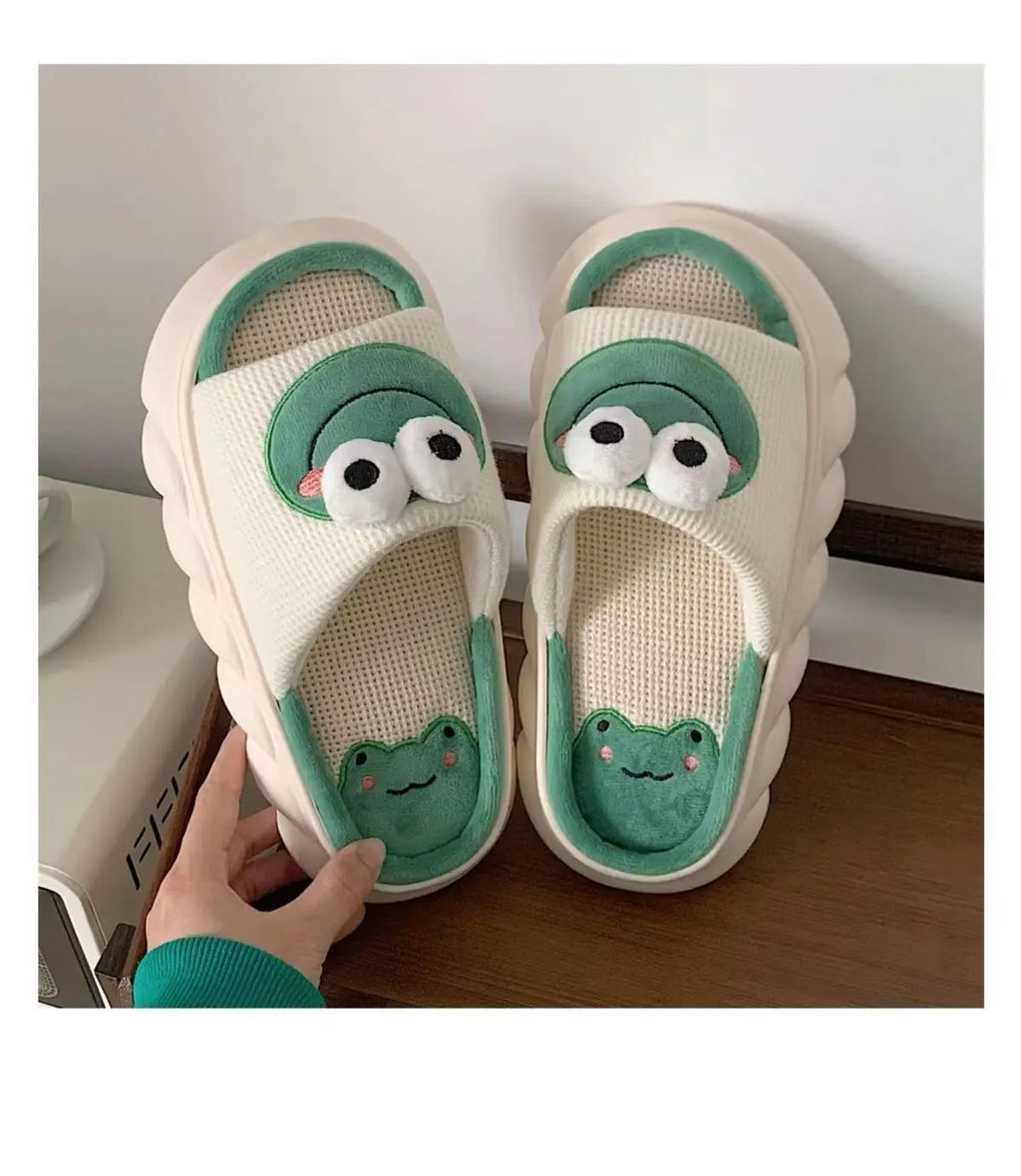 Women's Slippers Comfortable Soft Thick Sole Four Seasons Indoor Cartoon Frog Linen Slippers Anti Slip Couples's Home Slippers