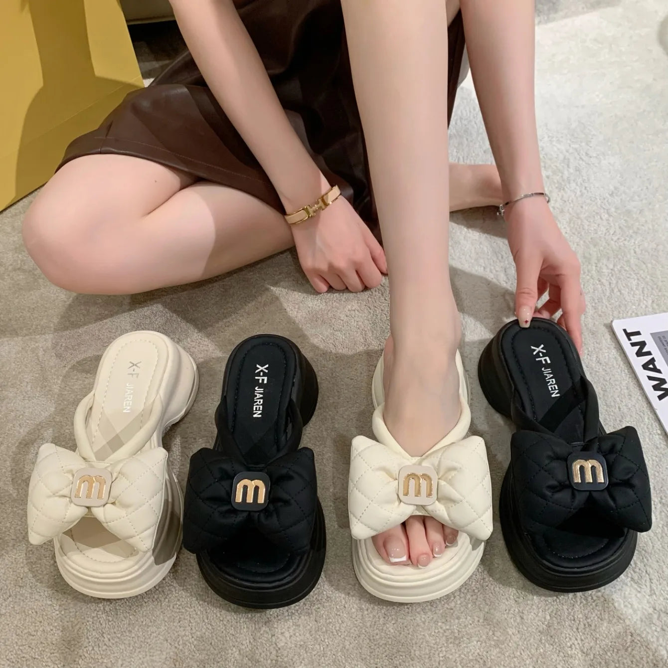 Women Slippers 2024 New Summer Casual Shoes Versatile Thick Sole Sandals Women Outwear Bow Beach Slippers Sexy Slides Women
