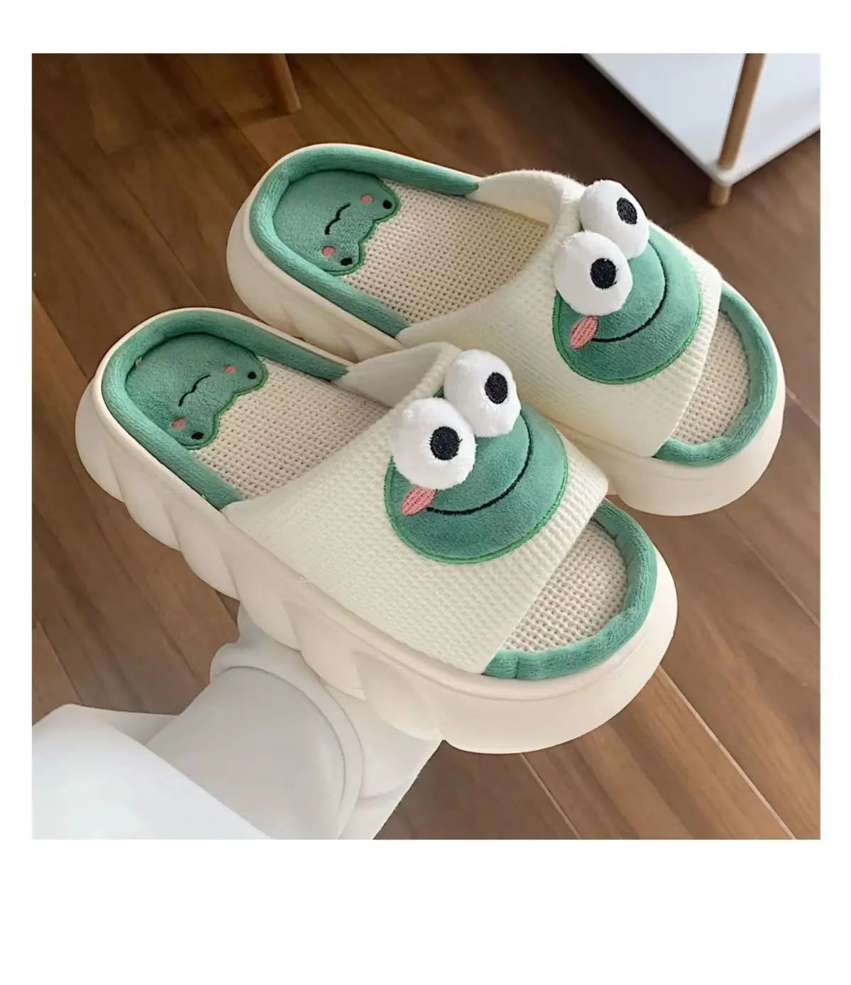 Women's Slippers Comfortable Soft Thick Sole Four Seasons Indoor Cartoon Frog Linen Slippers Anti Slip Couples's Home Slippers