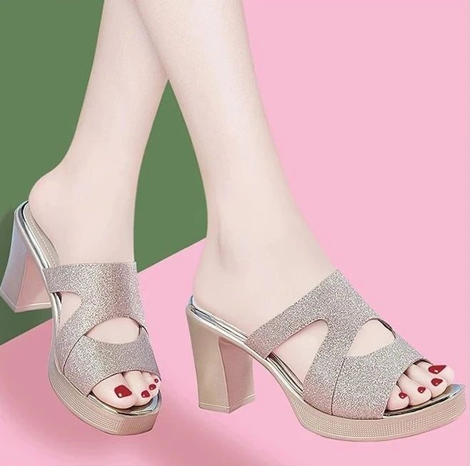 Woman Slippers Sexy Shoes for Women Job Leather Sandals Heeled Slides Black Summer 2025 on Sale Offer Comfortable and Elegan 39