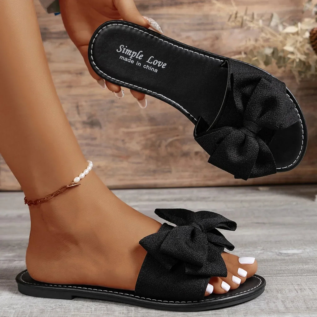 Women Slippers 2025 New Fashion Sandals Slides Women Summer Bow Keep Warm Shoes Women Flat Plus Size Slippers Zapatos De Mujer