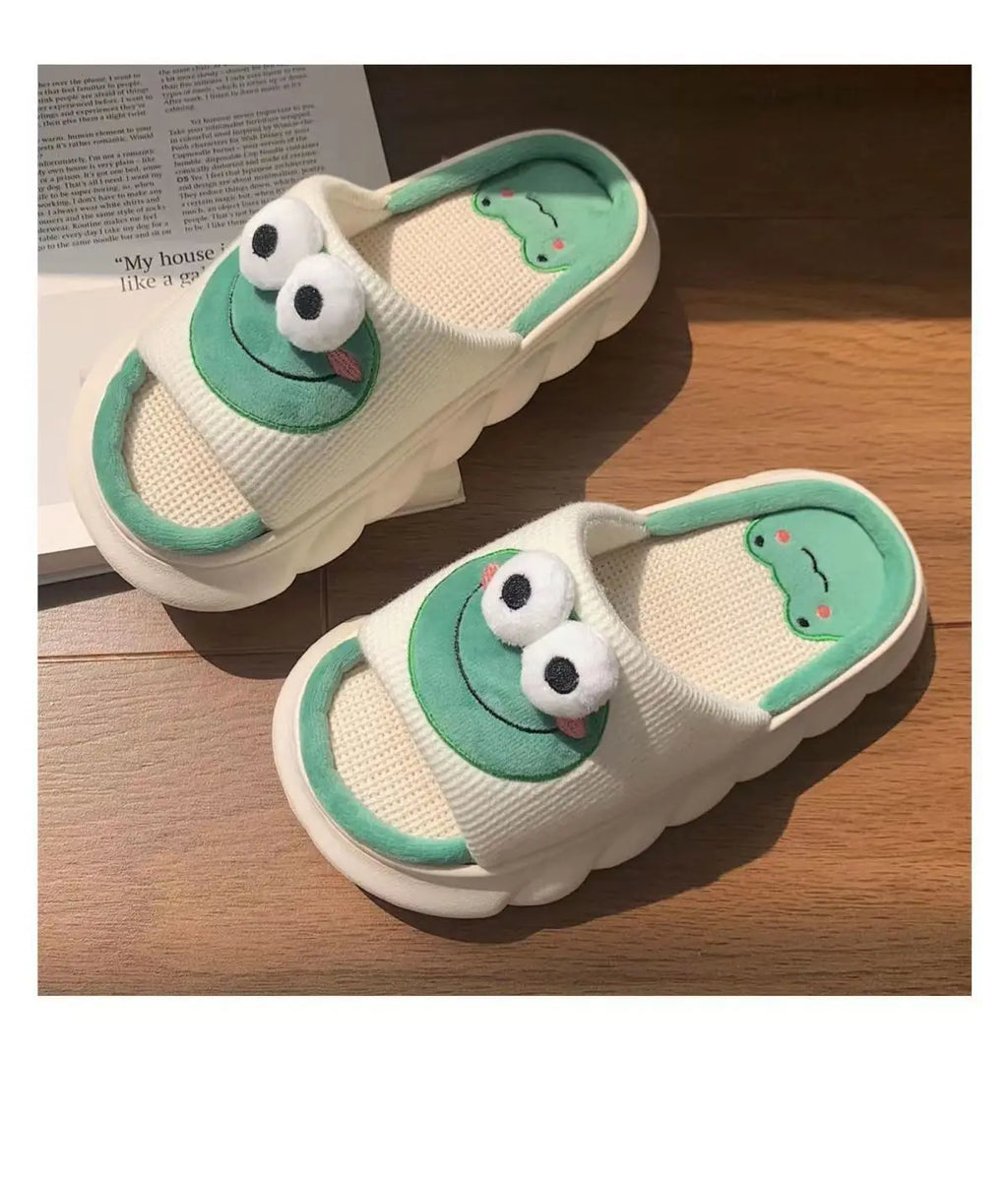 Women's Slippers Comfortable Soft Thick Sole Four Seasons Indoor Cartoon Frog Linen Slippers Anti Slip Couples's Home Slippers